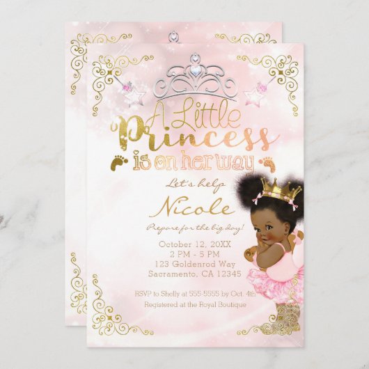 プリンセスツツ&金ゴールドクラウンエスニックベビーガールシャワー 招待状 (正面/裏面)