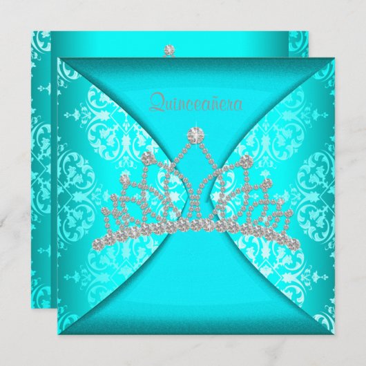 プリンセスティアラエレガントティール（緑がかった色）ブルーキンセアニェラ 招待状 (正面/裏面)