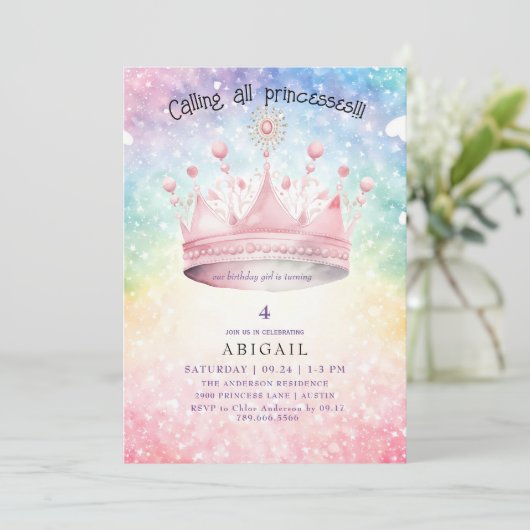 プリンセスティアラピンクガールカラフルバースデーパーティー 招待状 (スタンド正面)