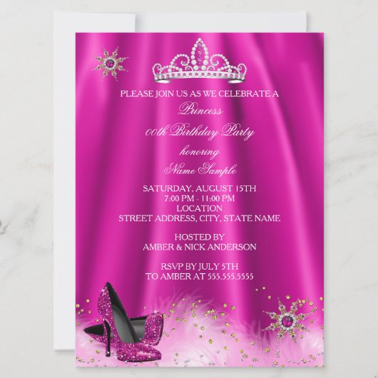 プリンセスティアラピンクハイヒール金ゴールド誕生日パーティー 招待状 (正面)