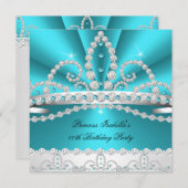 プリンセスティール(緑がかった色)ブルーダイヤモンドティアラ誕生日パーティー2 招待状 (正面/裏面)