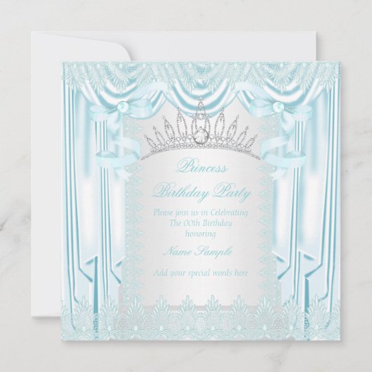 プリンセスティール（緑がかった色）レースティアラホワイトバースデーパーティー 招待状 (正面)