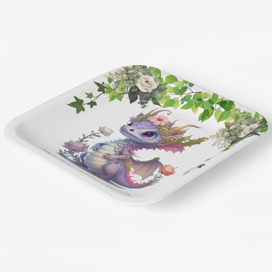 プリンセスドラゴンと花模様ガールベビーシャワー ペーパープレート (傾斜あり)