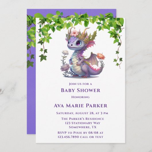 プリンセスドラゴン花模様ガールベビーシャワー 招待状 (正面/裏面)