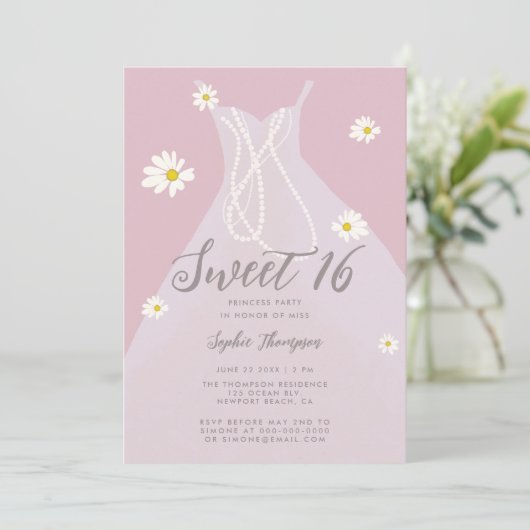 プリンセスドレエレガントスピンクホワイトデイジースウィート16 招待状 (スタンド正面)