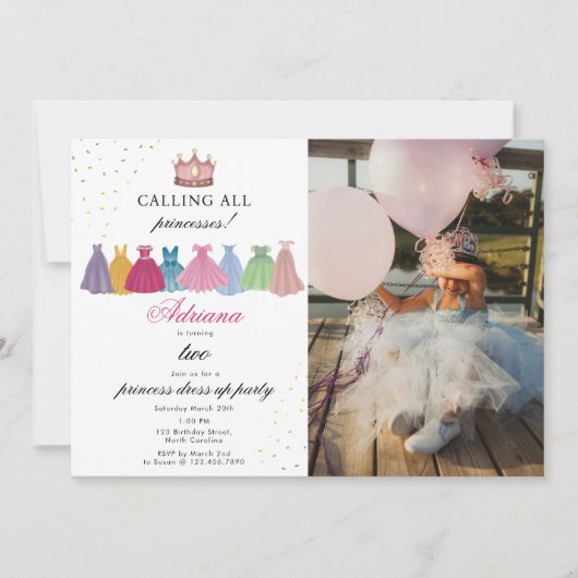 プリンセスドレスフェアリータールドレスアップフォト誕生日 招待状 (正面)