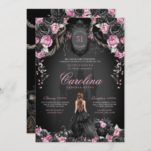 プリンセスハロウィンピンクブラックゴシックキンセアニェラ 招待状 (正面/裏面)