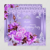 プリンセスバタフライパープルピンクローズバースデーパーティー 招待状 (正面/裏面)