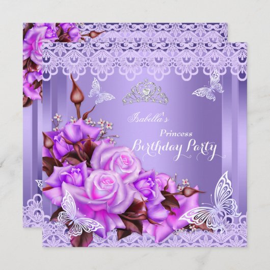 プリンセスバタフライパープルピンクローズバースデーパーティー 招待状 (正面/裏面)