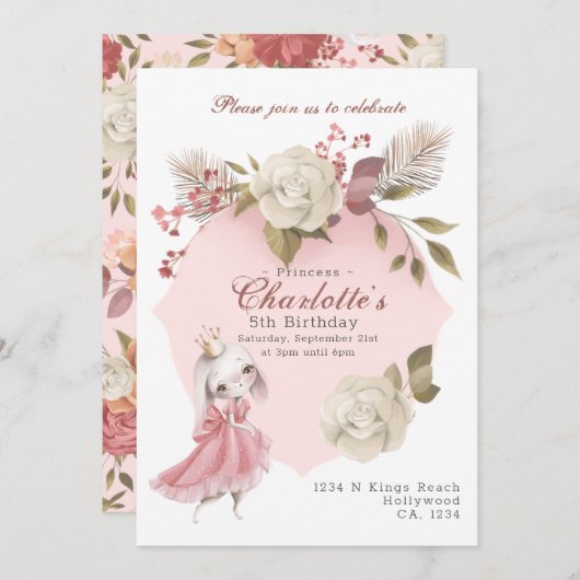 プリンセスバニーラビットパーソナライズされたバースデーパーティー 招待状 (正面/裏面)
