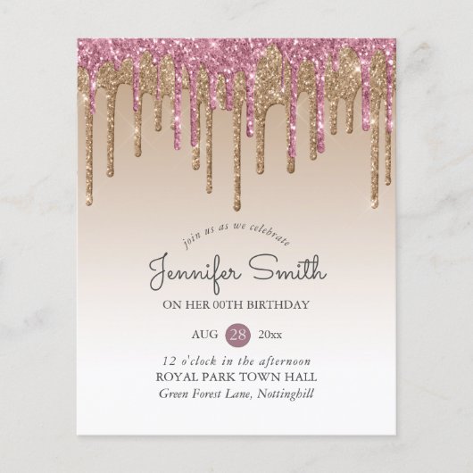 プリンセスバラピンク金ゴールドドリップグリッターANY誕生日 (正面)