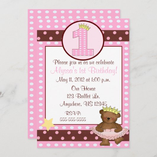 プリンセスバレエベアーガールズ1st誕生日招待状 招待状 (正面/裏面)