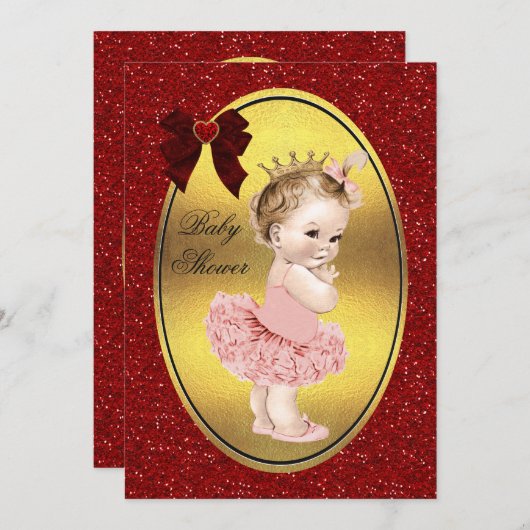 プリンセスバレリナフェイクゴールドフォイルグリッターボウ 招待状 (正面/裏面)