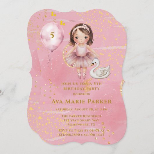 プリンセスバレリーナ赤面ピンク金ゴールド誕生日パーティー 招待状 (正面/裏面)