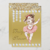 プリンセスバレリーナ金ゴールドフェイクダイアモンズベビーシャワー 招待状 (正面/裏面)