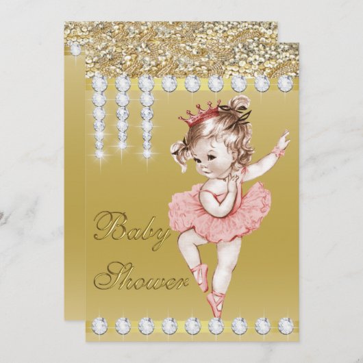 プリンセスバレリーナ金ゴールドフェイクダイアモンズベビーシャワー 招待状 (正面/裏面)