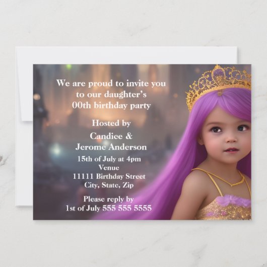 プリンセスバースデーパーティーキャリッジパープルゴールデン 招待状 (裏面)