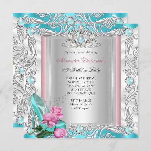 プリンセスバースデーパーティーティール(緑がかった色)ピンクローズハイヒール 招待状 (正面/裏面)