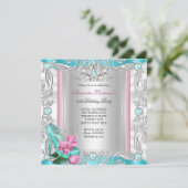 プリンセスバースデーパーティーティール(緑がかった色)ピンクローズハイヒール 招待状 (スタンド正面)