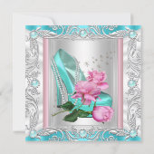 プリンセスバースデーパーティーティール(緑がかった色)ピンクローズハイヒール 招待状 (裏面)