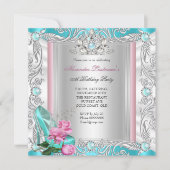 プリンセスバースデーパーティーティール(緑がかった色)ピンクローズハイヒール 招待状 (正面)