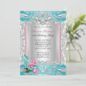 プリンセスバースデーパーティーティール(緑がかった色)ピンクローズハイヒール 招待状 (スタンド正面)