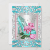 プリンセスバースデーパーティーティール(緑がかった色)ピンクローズハイヒール 招待状 (裏面)