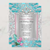 プリンセスバースデーパーティーティール(緑がかった色)ピンクローズハイヒール 招待状 (正面/裏面)