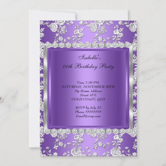 プリンセスバースデーパーティーパープルシルバーティアラ 招待状 (裏面)