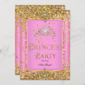プリンセスバースデーパーティーピンク金ゴールドティアラ 招待状 (正面/裏面)