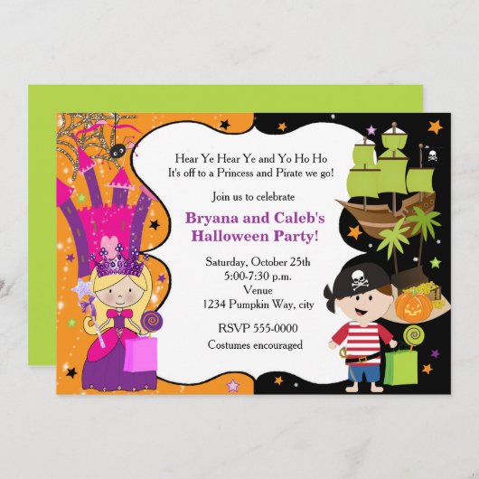 プリンセスパイレートハロウィーン誕生日招待状 招待状 (正面/裏面)