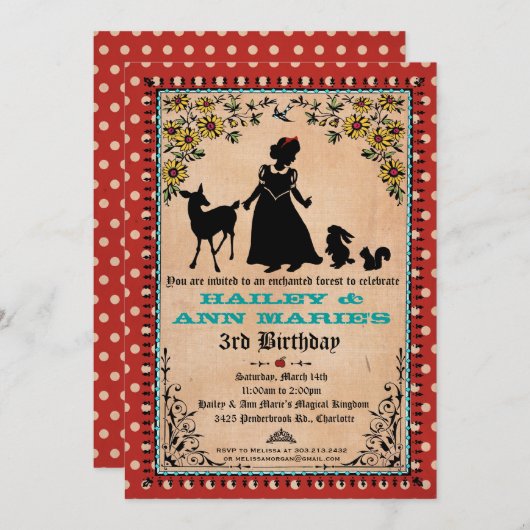 プリンセスパーティの招待状（双子または2人の子供用） 招待状 (正面/裏面)