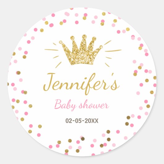 プリンセスパーティーの好意ラベル封筒ピンクと金ゴールド ラウンドシール (正面)