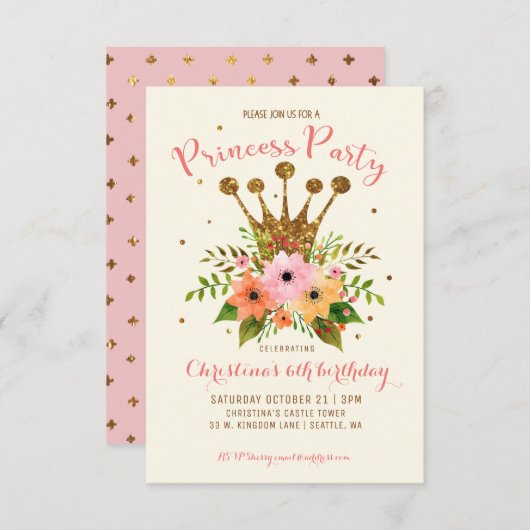 プリンセスパーティーグリッターフローラクラウンデイ招待状 招待状 (正面/裏面)
