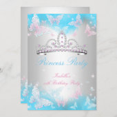 プリンセスパーティーティール(緑がかった色)ブルーティアラピンクバタフライ2 招待状 (正面/裏面)