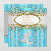 プリンセスパーティーティール(緑がかった色)金ゴールドホワイトパールハイヒール 招待状 (正面/裏面)