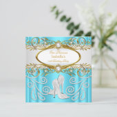 プリンセスパーティーティール(緑がかった色)金ゴールドホワイトパールハイヒール 招待状 (スタンド正面)