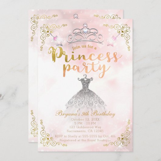 プリンセスパーティーピンクスパークルバースデーパーティーANY AGE 招待状 (正面/裏面)