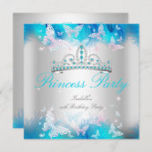 プリンセスパーティーピンクティール（緑がかった色）ブルーティアラバタフライ 招待状 (正面/裏面)