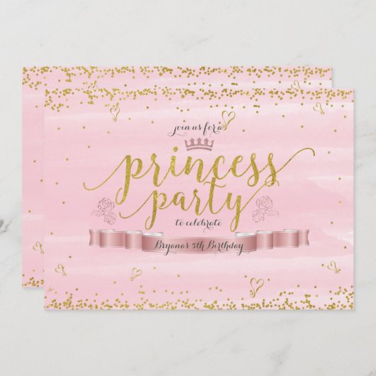プリンセスパーティーピンク&金ゴールドフォト招待状 招待状 (正面/裏面)
