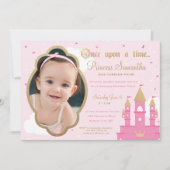 プリンセスパーティーフォト招待状 |ピンクと金ゴールド 招待状 (正面)
