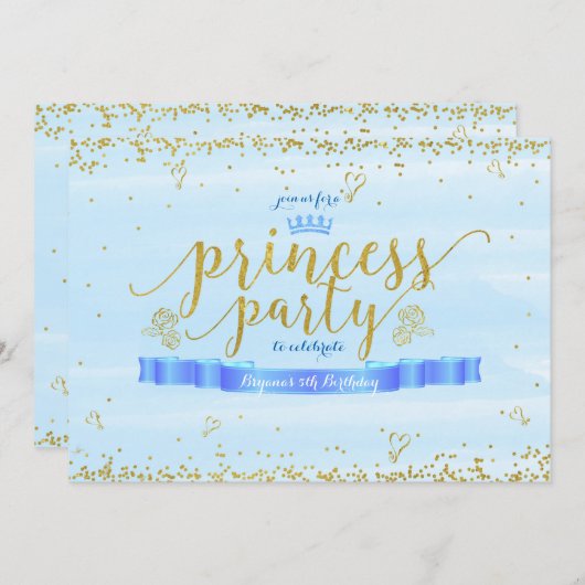 プリンセスパーティーブルー&金ゴールド誕生日招待状 招待状 (正面/裏面)