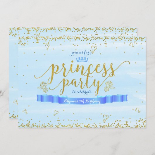 プリンセスパーティー金ゴールドとブルーフォト招待状 招待状 (正面/裏面)