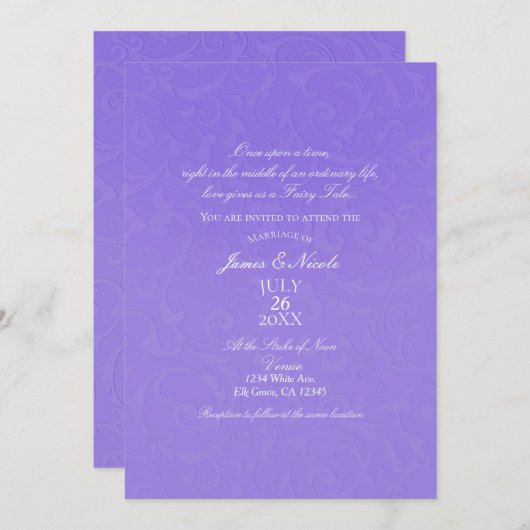 プリンセスパープルダマスストーリーブックエレガントな結婚式 招待状 (正面/裏面)