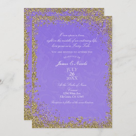プリンセスパープルダマスストーリーブックエレガントな結婚式 招待状 (正面/裏面)
