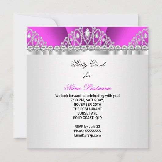 プリンセスパープルピンクダイヤモンドティアラ誕生日パーティー 招待状 (裏面)