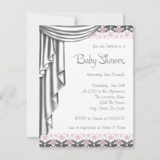 プリンセスピンクとグレーのベビーガールシャワー 招待状 (裏面)