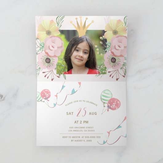 プリンセスピンクと金ゴールドの女の子の誕生日パーティー写真 カード (内部)