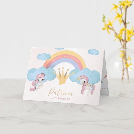 プリンセスピンクと金ゴールドの女の子の誕生日パーティー写真 カード (黄色い花)