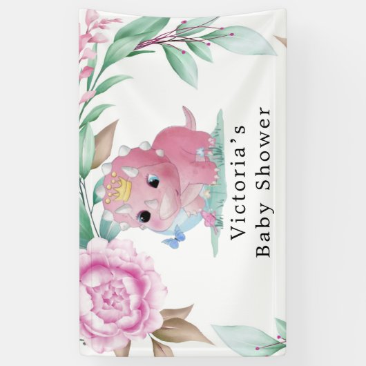プリンセスピンクの恐竜の牡丹の赤ちゃんシャワーのバナー 横断幕 (縦)